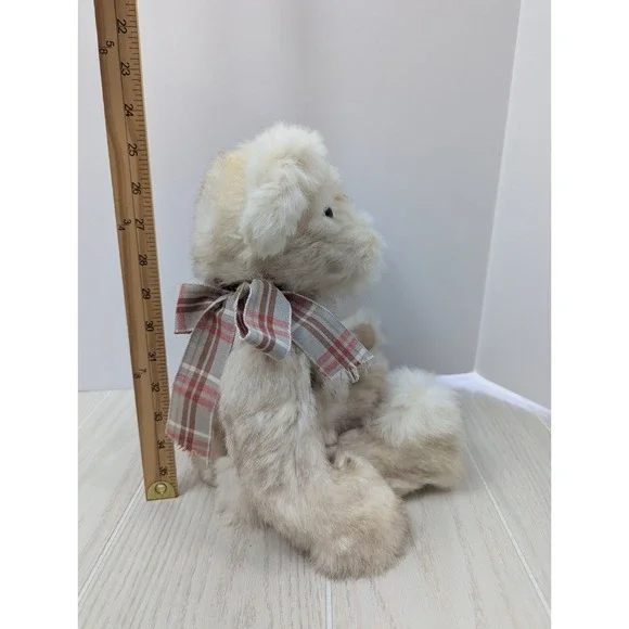 Johnson's Plush real fur cream jointed teddy bear tan pawpads plaid bow READ - Picture 6 of 11